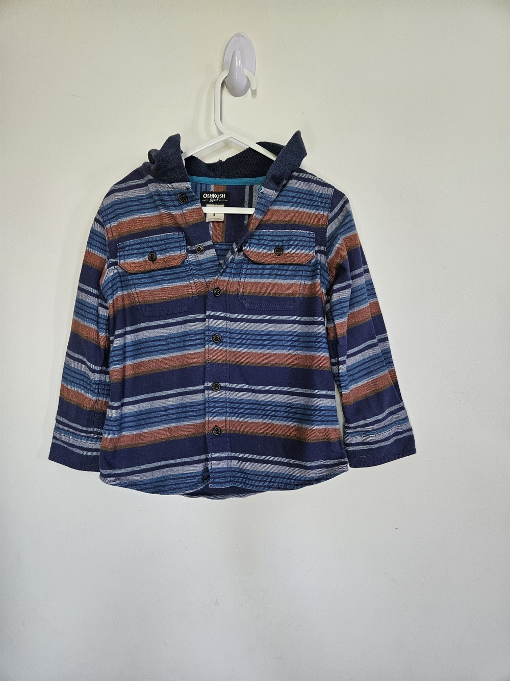 OshKosh B'gosh Boy's Hooded Flannel Shirt Blue Orange Stripe Size 4T
